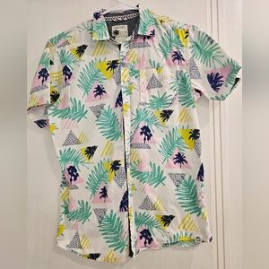 Free Planet Men’s Tropical Palm Leaf Button Up Shirt Size L Short Sleeve